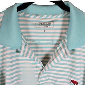 PERLIS Mens Large L Aqua White Stripe Performance Polo Shirt Lobster Logo